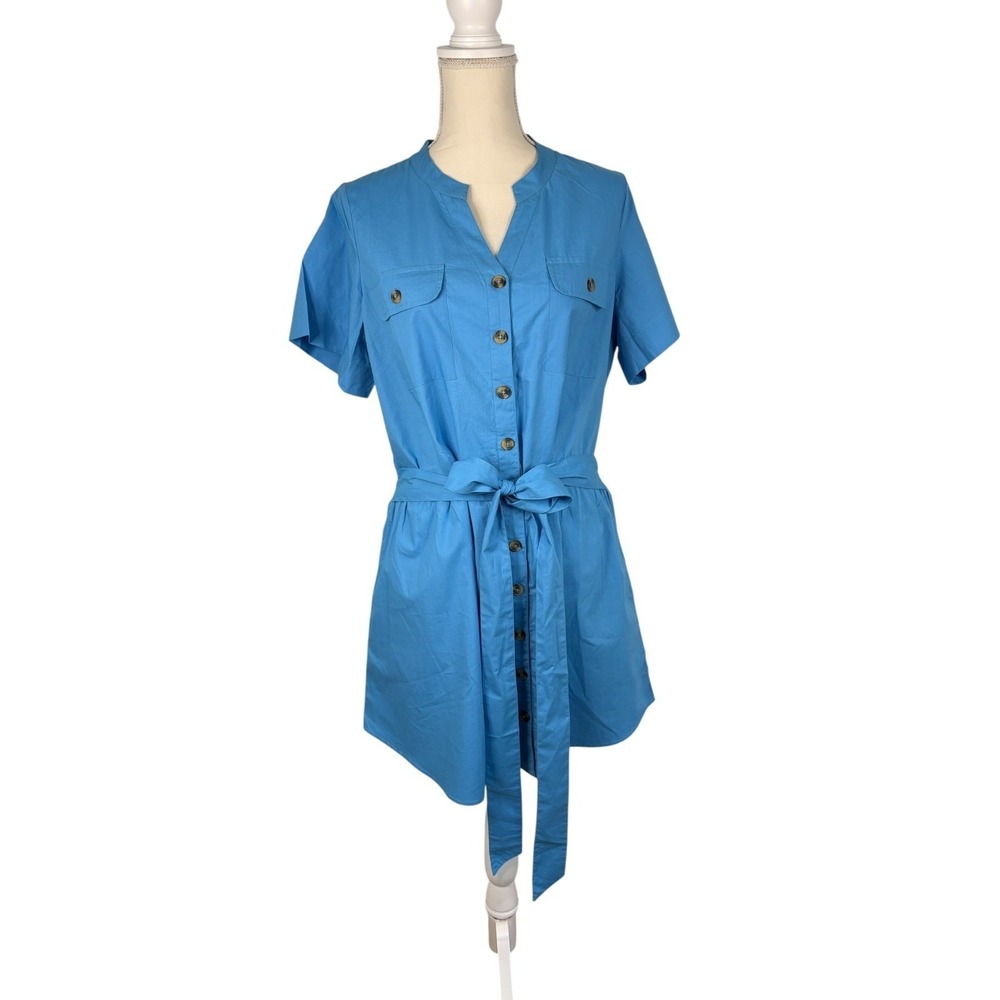 NWT Olivia James Womens Blue Belt Flap Pocket Utility Chic Mini Dress Size Large - Picture 2 of 16